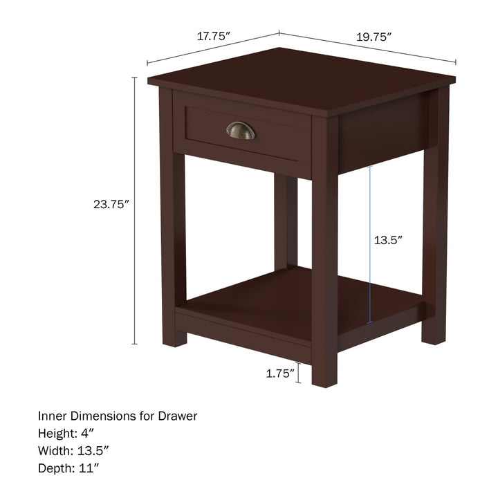 End Table with Drawer Umber Brown Wooden Nightstand Storage Shelf Shaker Style Image 6