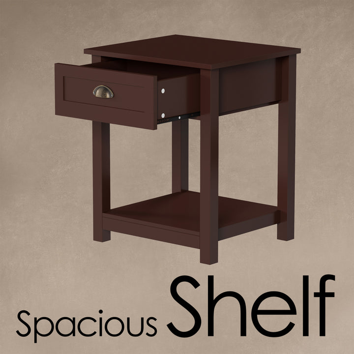 End Table with Drawer Umber Brown Wooden Nightstand Storage Shelf Shaker Style Image 2