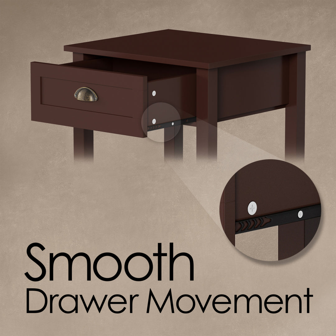 End Table with Drawer Umber Brown Wooden Nightstand Storage Shelf Shaker Style Image 3