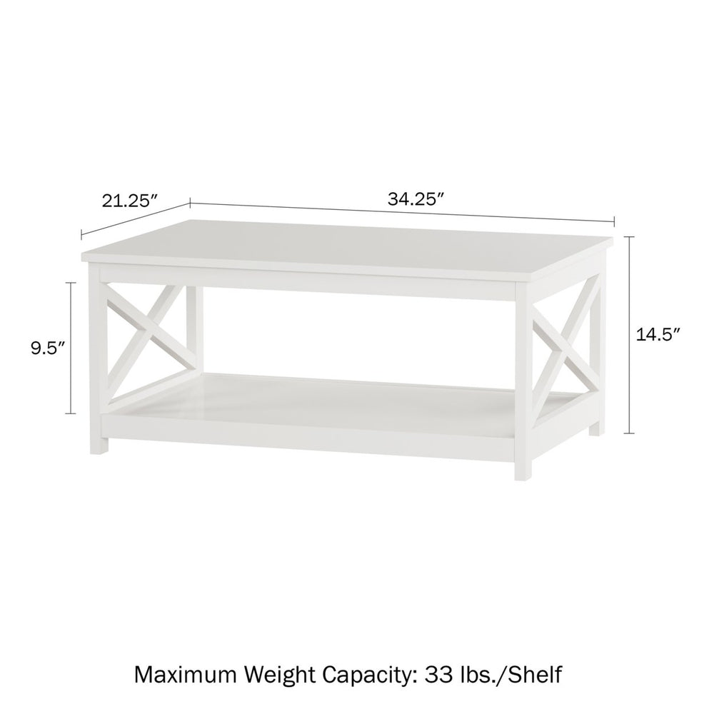 White Wood Coffee Table 2 Tier Low Profile X-Leg Modern Living Room Furniture Image 2