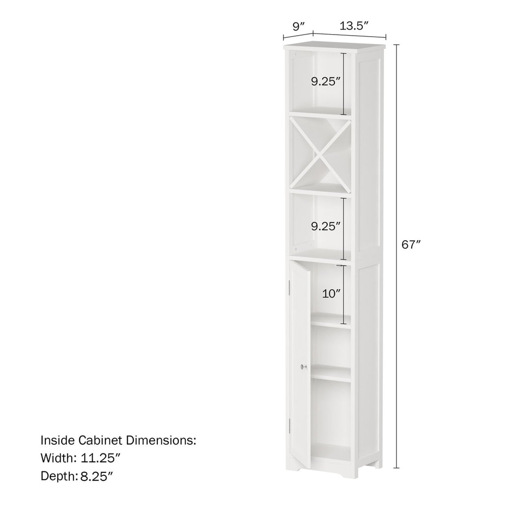 Linen Tower 67 Inch Tall Storage Cabinet White Adjustable Shelves Bathroom Laundry Image 2