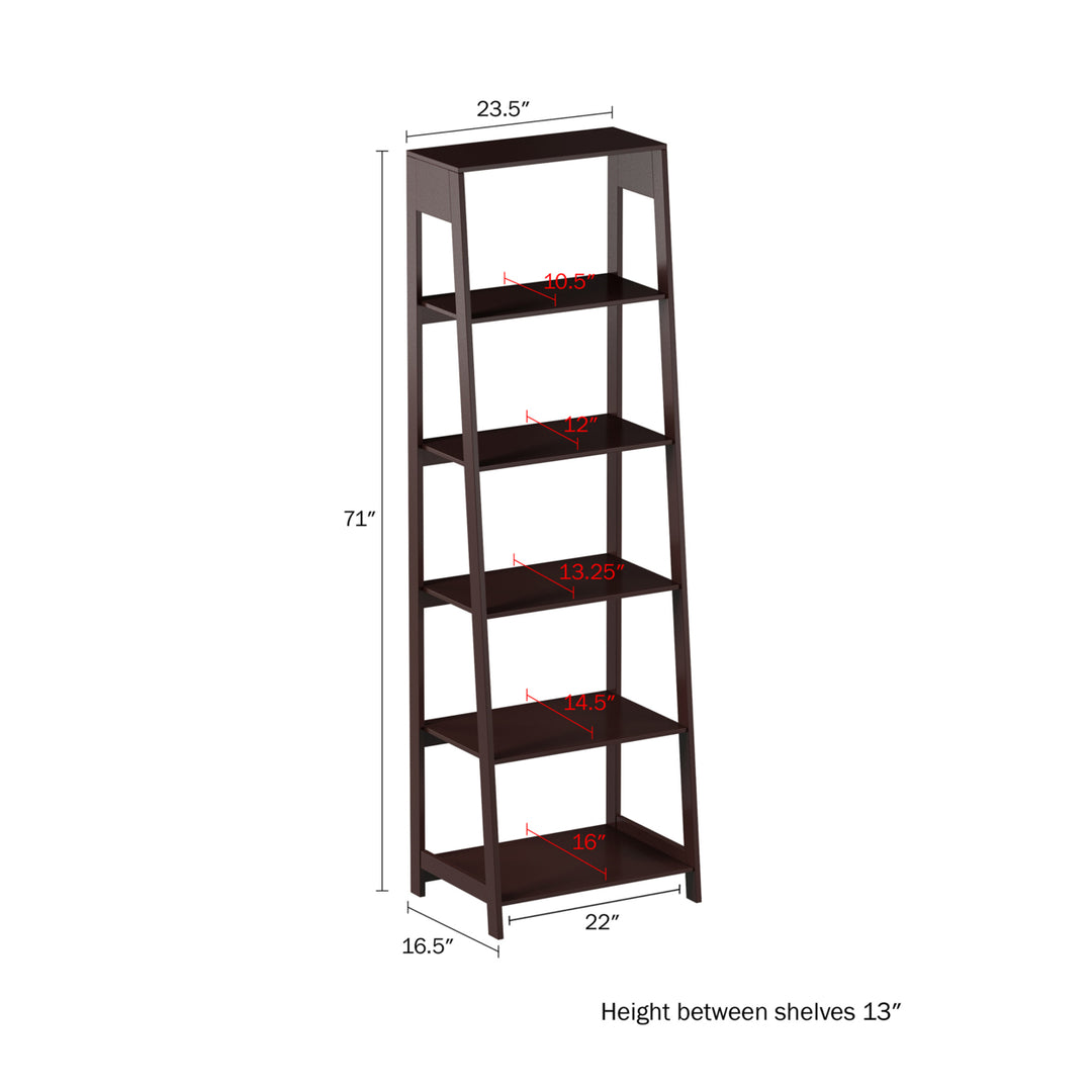 5 Shelf Ladder Bookshelf- Free Standing Wooden Tiered Bookcase Home Image 2