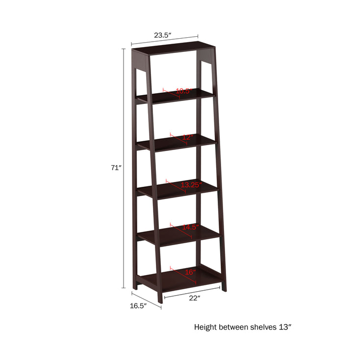 5 Shelf Ladder Bookshelf- Free Standing Wooden Tiered Bookcase Home Image 2