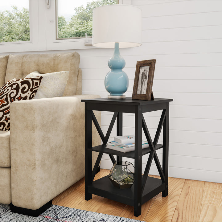 End Table with Two Shelves Modern Sofa Side Table with X-Leg Design Black Wooden Stand Image 1