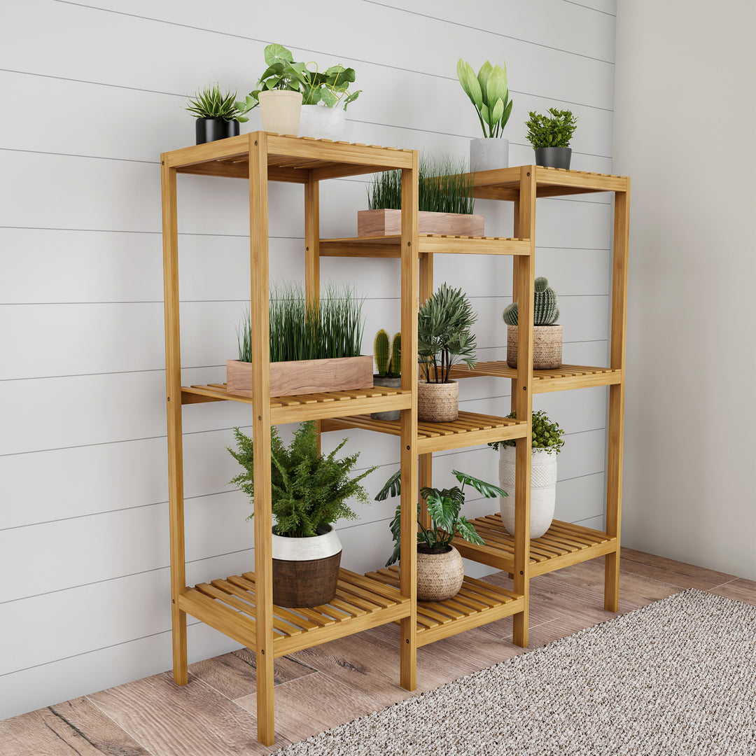 Multi-Level Plant Stand-Freestanding 9 Shelf Bamboo Storage Rack-Indoor/Outdoor Shelving Unit for Flowerpots, Planters, Image 1