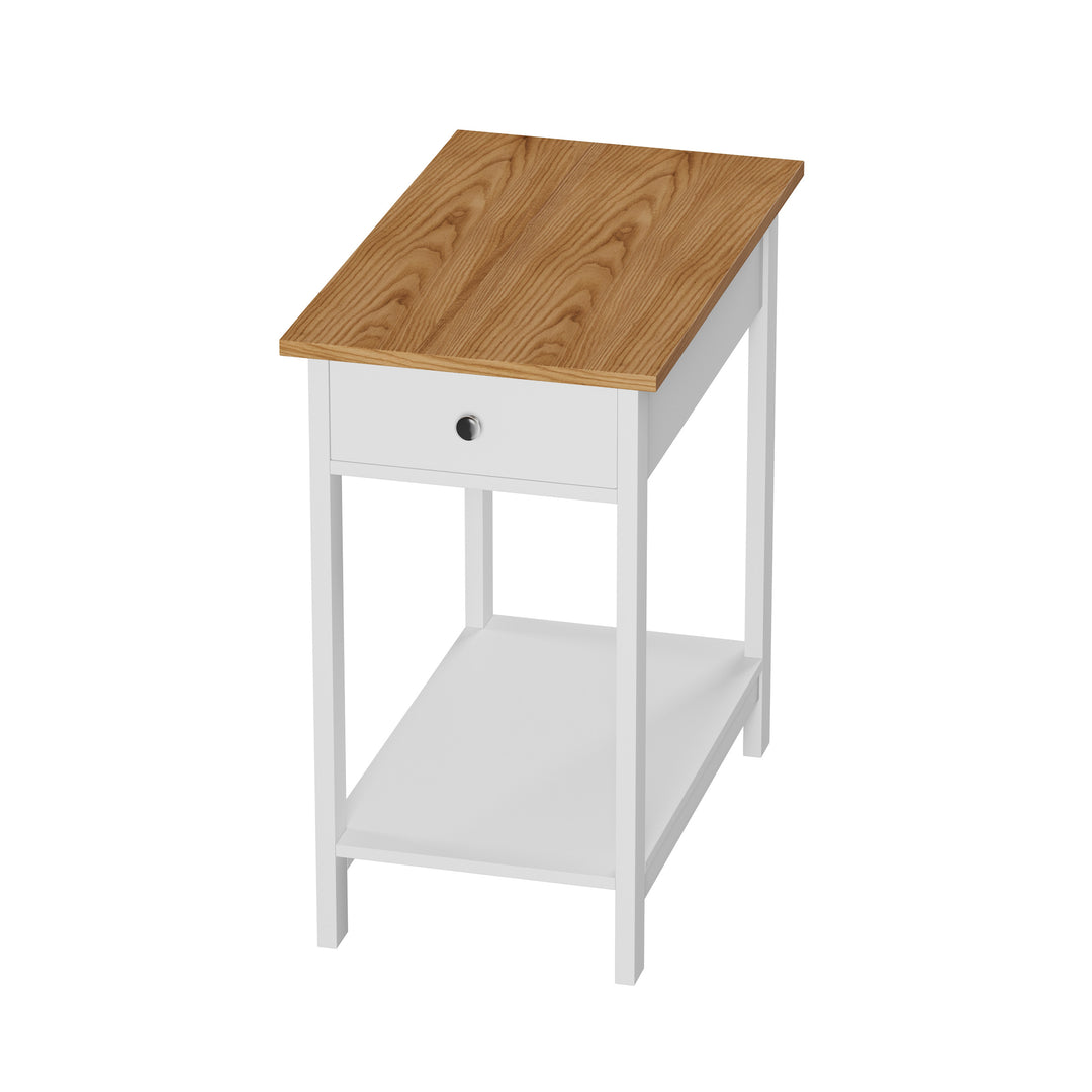 Side Table with Drawer- Narrow End Table with Storage Shelf- 2 Toned Wood Stand for Bedroom, Living Room and Entryway Image 1