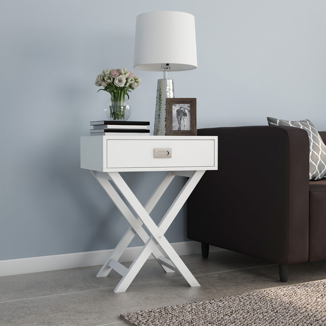 Modern White End Table with Drawer X-Leg Design for Living Room or Bedroom Image 6