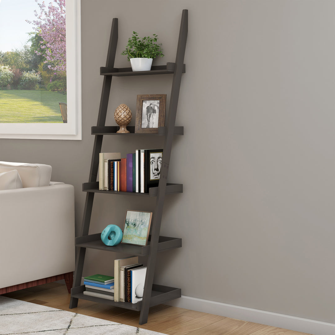 Ladder Bookshelf 5 Tier Leaning Decorative Shelves for Display-Slate Gray Shelf Stand-Living Room, Bathroom and Kitchen Image 4