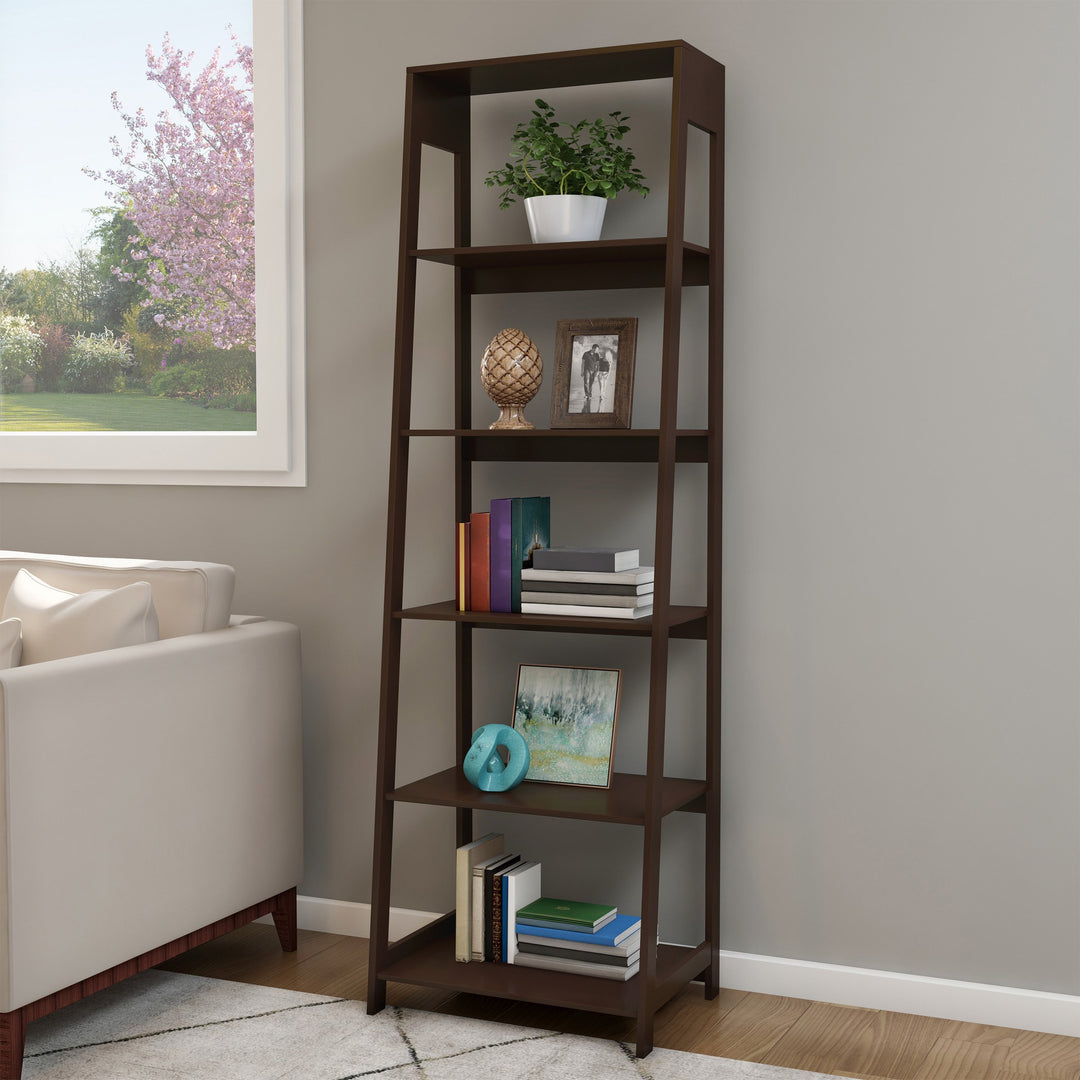 5 Shelf Ladder Bookshelf- Free Standing Wooden Tiered Bookcase Home Image 6