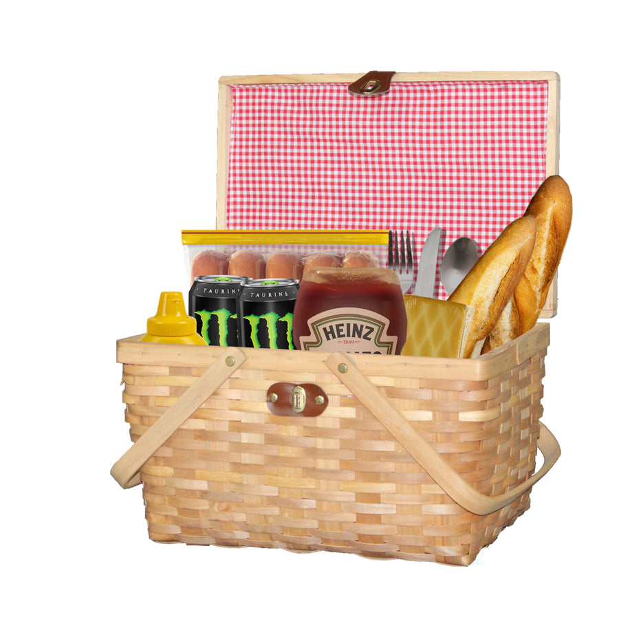 Vintiquewise Gingham Lined Woodchip Picnic Basket with Lid and Movable Handles Image 1