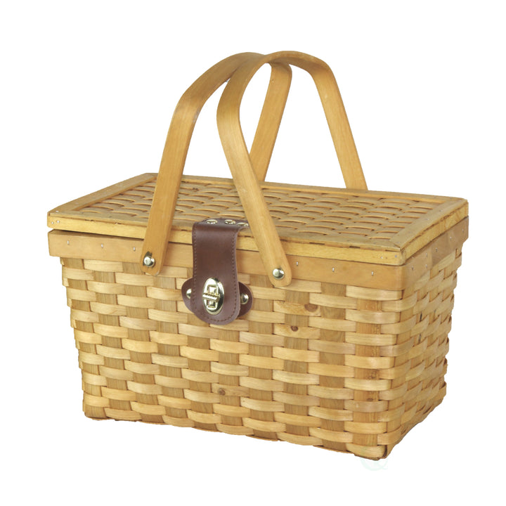 Vintiquewise Gingham Lined Woodchip Picnic Basket with Lid and Movable Handles Image 3