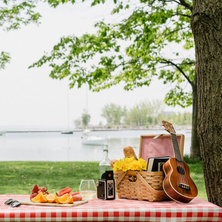 Vintiquewise Gingham Lined Woodchip Picnic Basket with Lid and Movable Handles Image 4