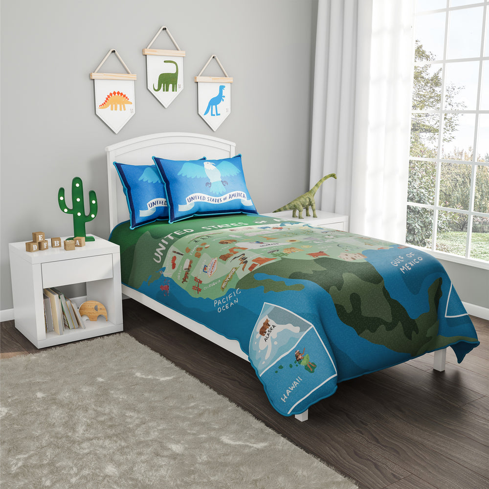 USA Map Twin XL Kids Comforter Set 3 Piece with 2 Shams Multicolor Polyester Image 2