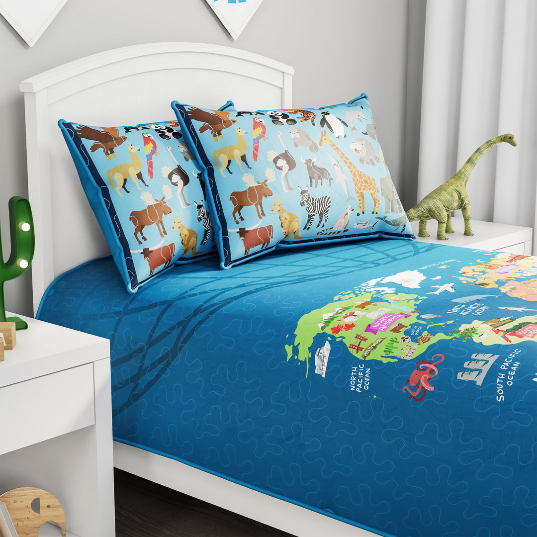 Twin XL Comforter Set World Map 2 Pillow Shams with Animals Kids Bedding 3 Pc Set Childs Room Image 1