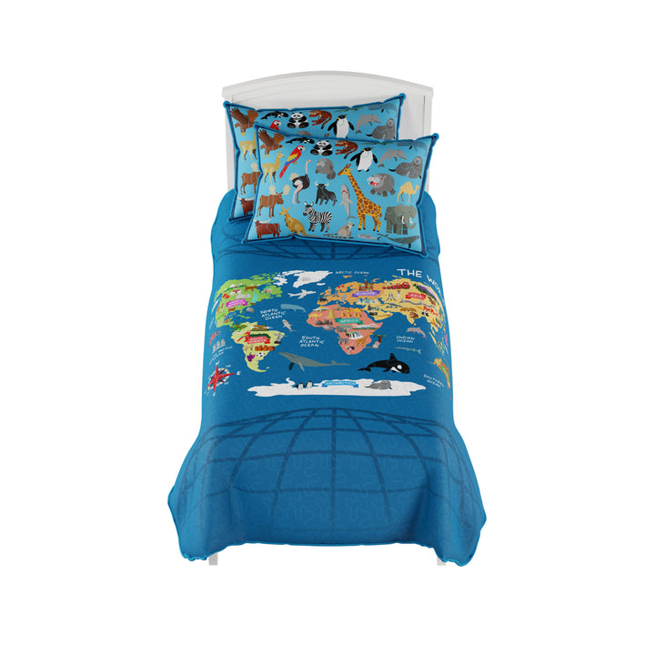 Twin XL Comforter Set World Map 2 Pillow Shams with Animals Kids Bedding 3 Pc Set Childs Room Image 4