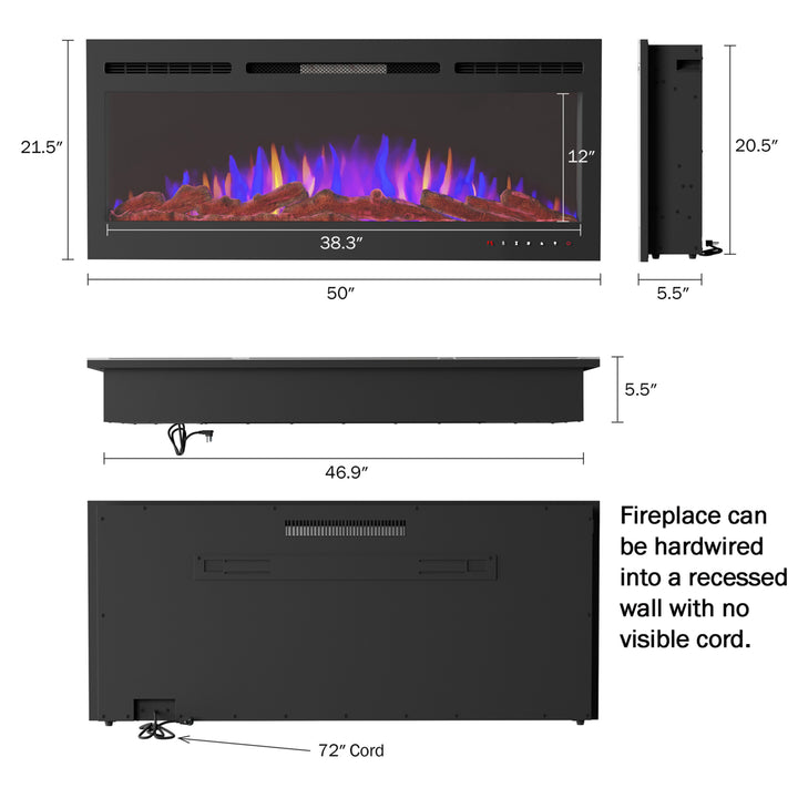 50 Inch Stainless Black Electric Fireplace Recessed Wall Front Vent LED 1500W 3 Colors Remote Image 2