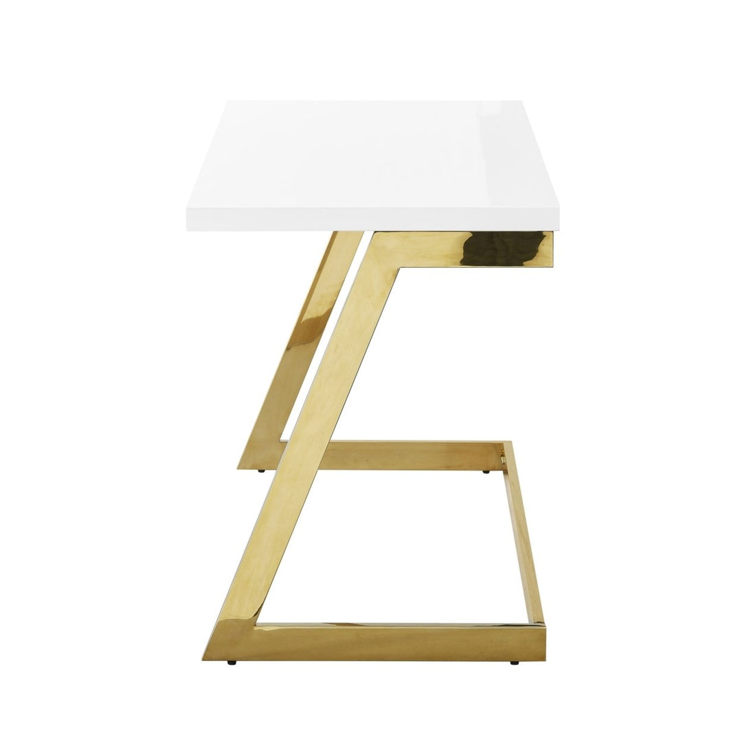 Kanoa High Writing Desk-Gloss Lacquer Finish-Polished Stainless Steel Base-Geometric Legs Image 4