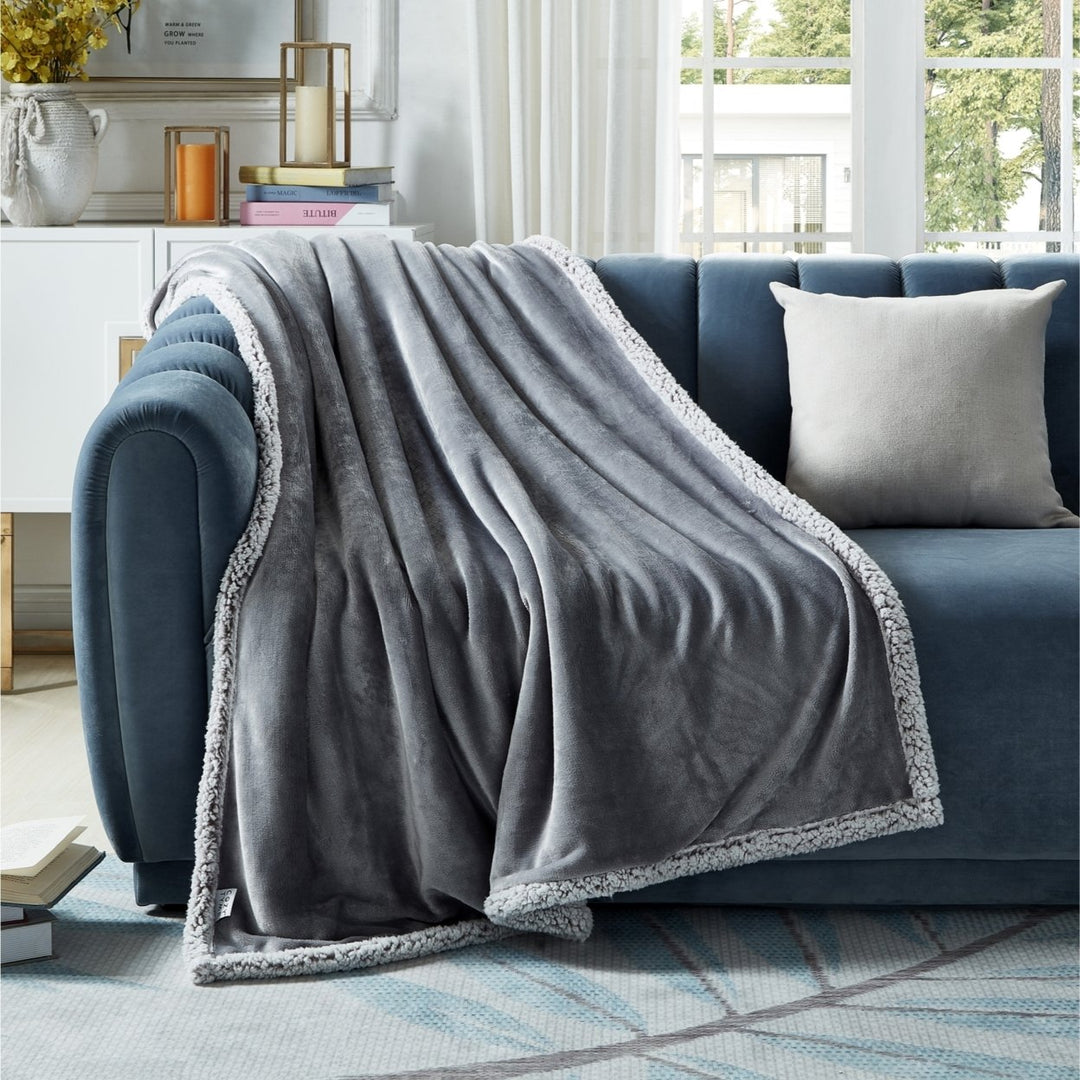 Saleem Flannel Reversible Heathered Sherpa Throw-Super Soft- 50"x60" Image 1