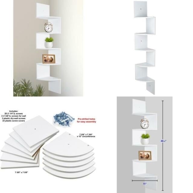 Greenco 5 Tier Wall Mount Corner Shelves White Finish Image 1