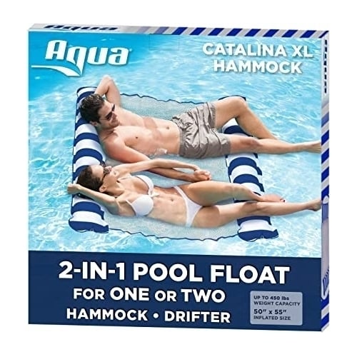 Aqua Catalina XL Hammock, 4-in-1 Multi-Purpose Inflatable 1-2 Person Pool Float, Water Lounge, Navy/White Stripe Image 1