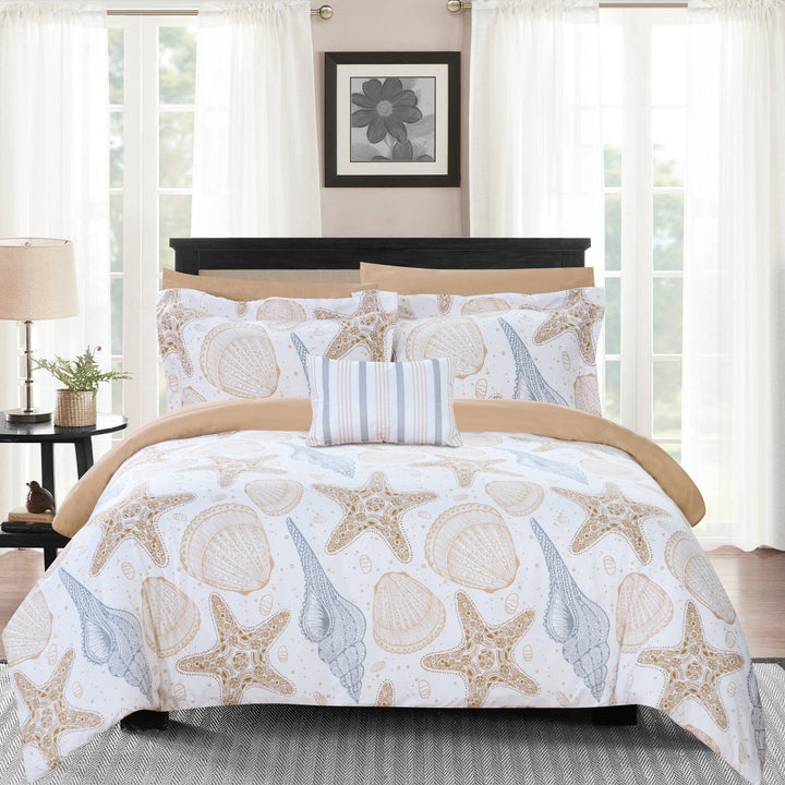 8 or 6 Piece Reversible Comforter Set "Sea, Sand, Surf" Theme Print Design Bed in a Bag Image 1