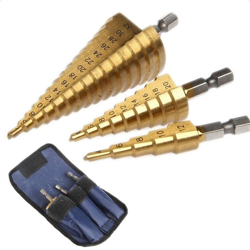 3pc Hss Taper Metric 4 - 12 , 20 32mm 1 Step Drill Bit Set Cone Hole Cutter Coated Metal Hex Core Bits Image 1