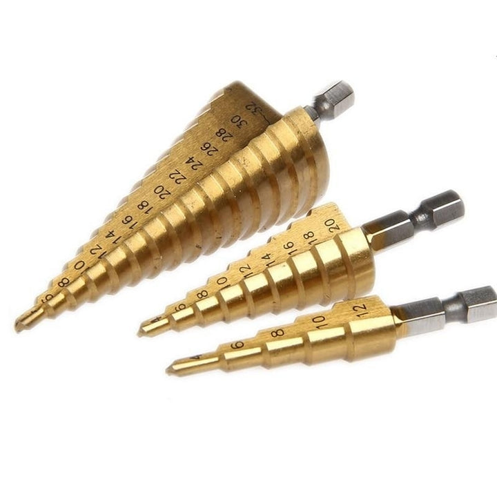 3pc Hss Taper Metric 4 - 12 , 20 32mm 1 Step Drill Bit Set Cone Hole Cutter Coated Metal Hex Core Bits Image 5