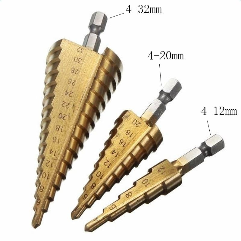 3pc Hss Taper Metric 4 - 12 , 20 32mm 1 Step Drill Bit Set Cone Hole Cutter Coated Metal Hex Core Bits Image 7