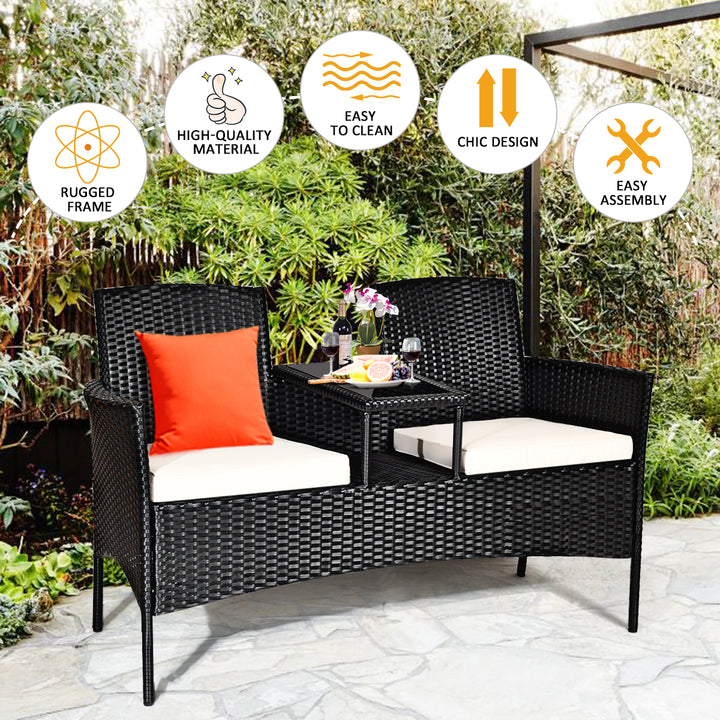 Patio Rattan Conversation Set Seat Sofa Cushioned Loveseat Glass Table Chairs Image 5