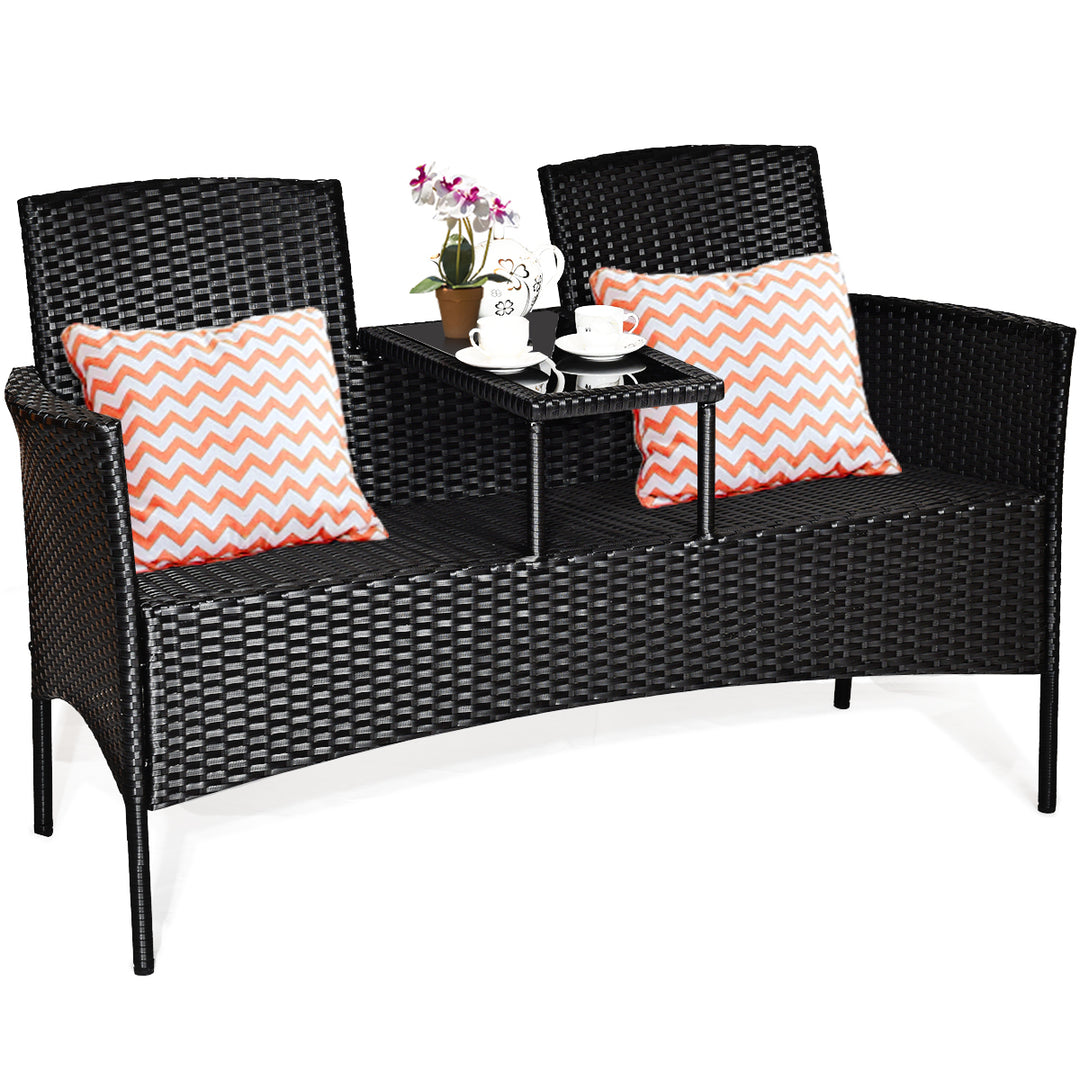 Patio Rattan Conversation Set Seat Sofa Cushioned Loveseat Glass Table Chairs Image 8