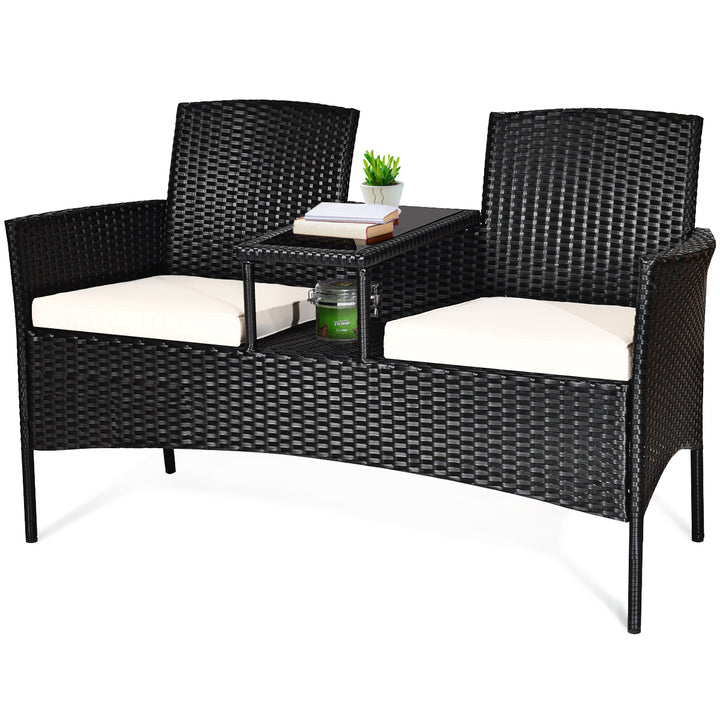 Patio Rattan Conversation Set Seat Sofa Cushioned Loveseat Glass Table Chairs Image 9