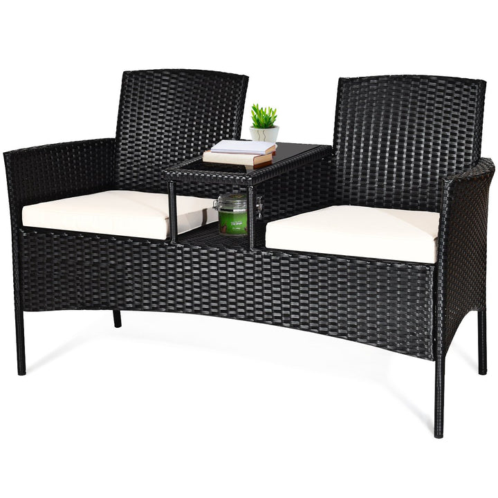 Patio Rattan Conversation Set Seat Sofa Cushioned Loveseat Glass Table Chairs Image 10