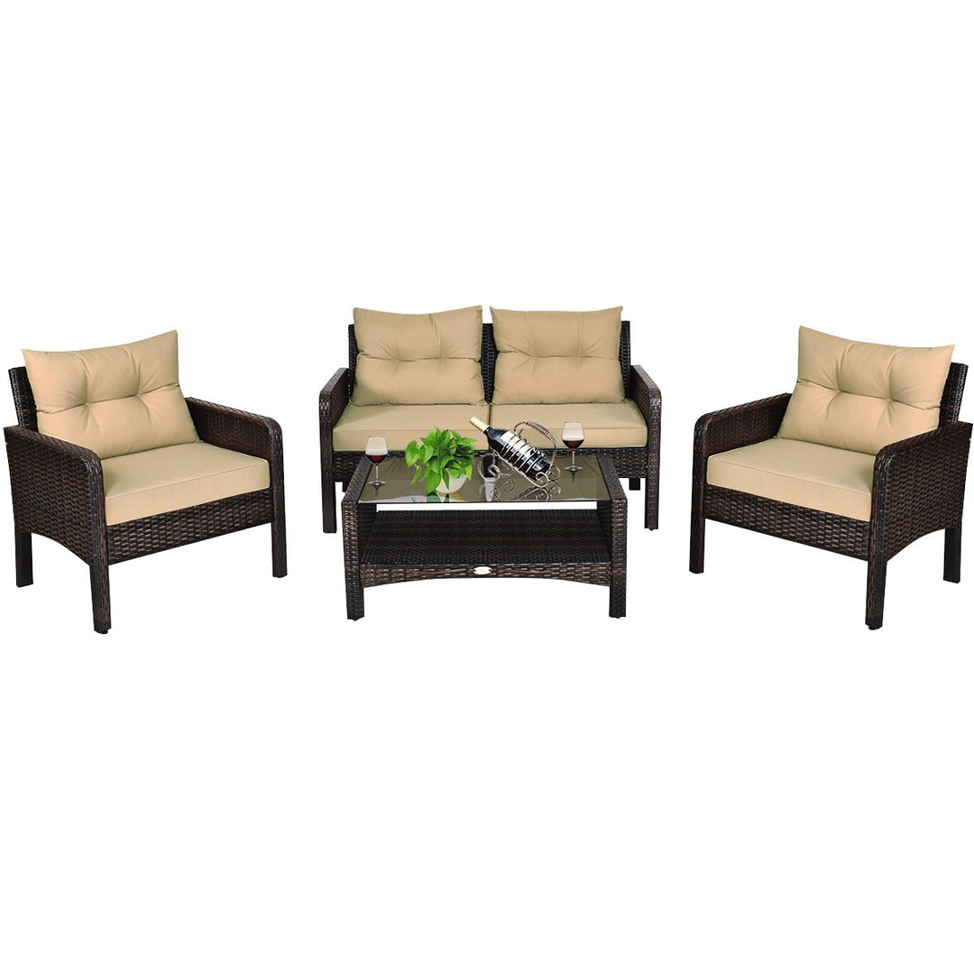 4PCS Patio Rattan Furniture Set Loveseat Sofa Coffee Table Garden W/ Cushion Image 8