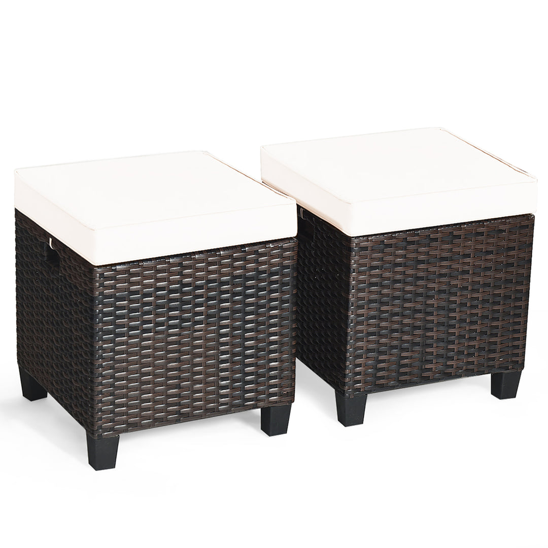 2PCS Patio Rattan Ottoman Cushioned Seat Beige Image 9