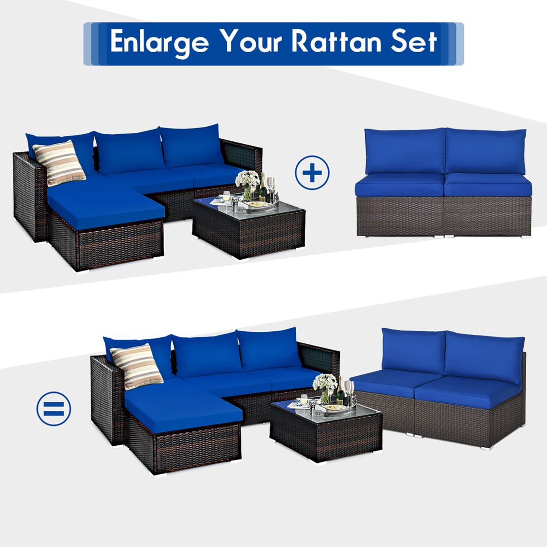 2PCS Patio Rattan Armless Sofa Sectional Furniture W/Navy Cushion Image 6