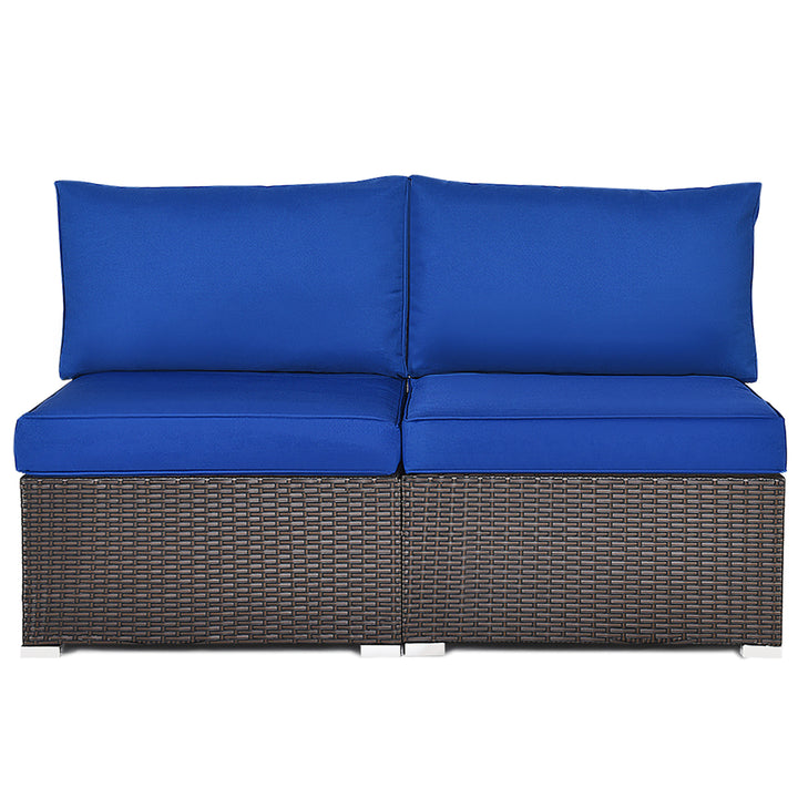 2PCS Patio Rattan Armless Sofa Sectional Furniture W/Navy Cushion Image 9