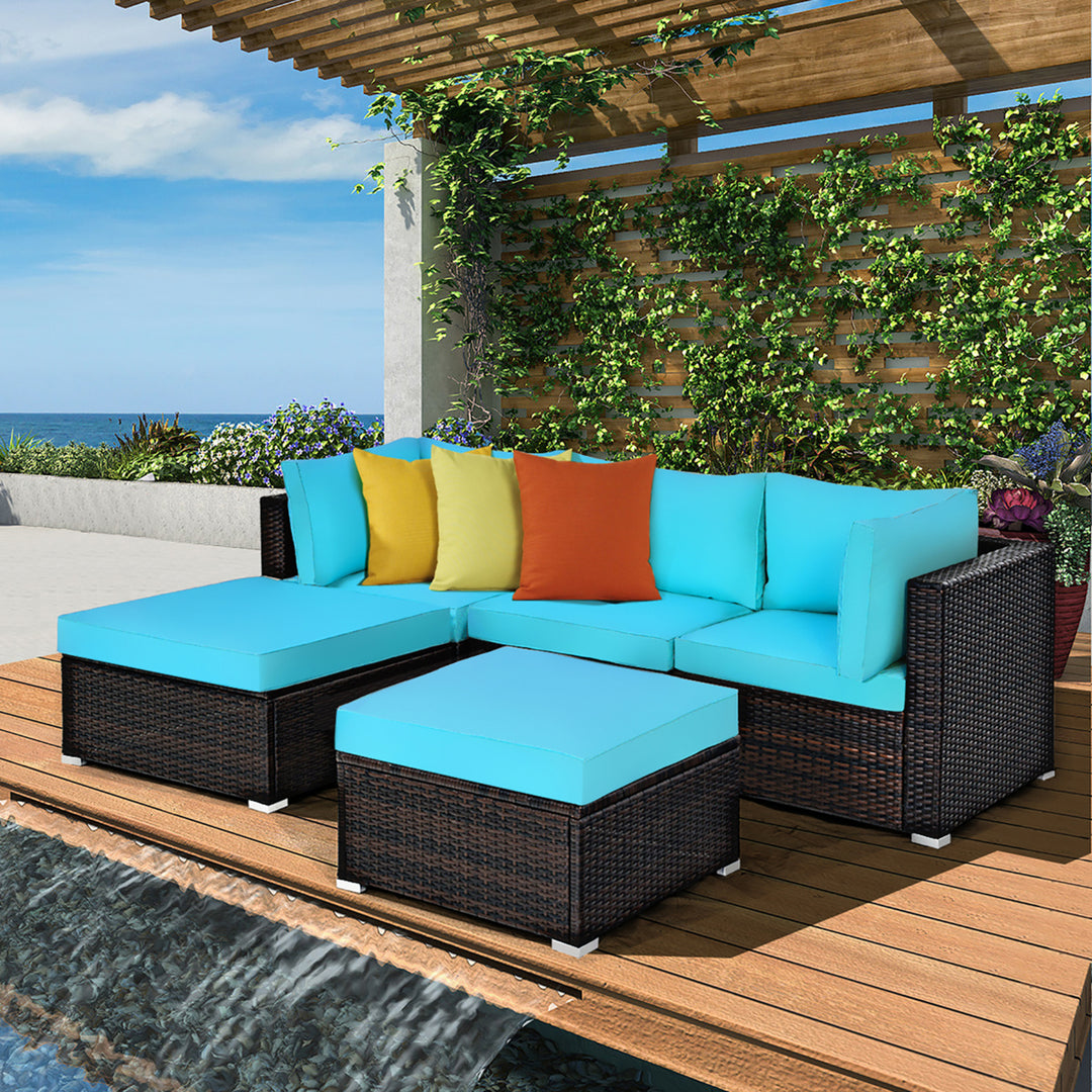 5PCS Patio Rattan Sectional Conversation Set Ottoman Turquoise Image 6