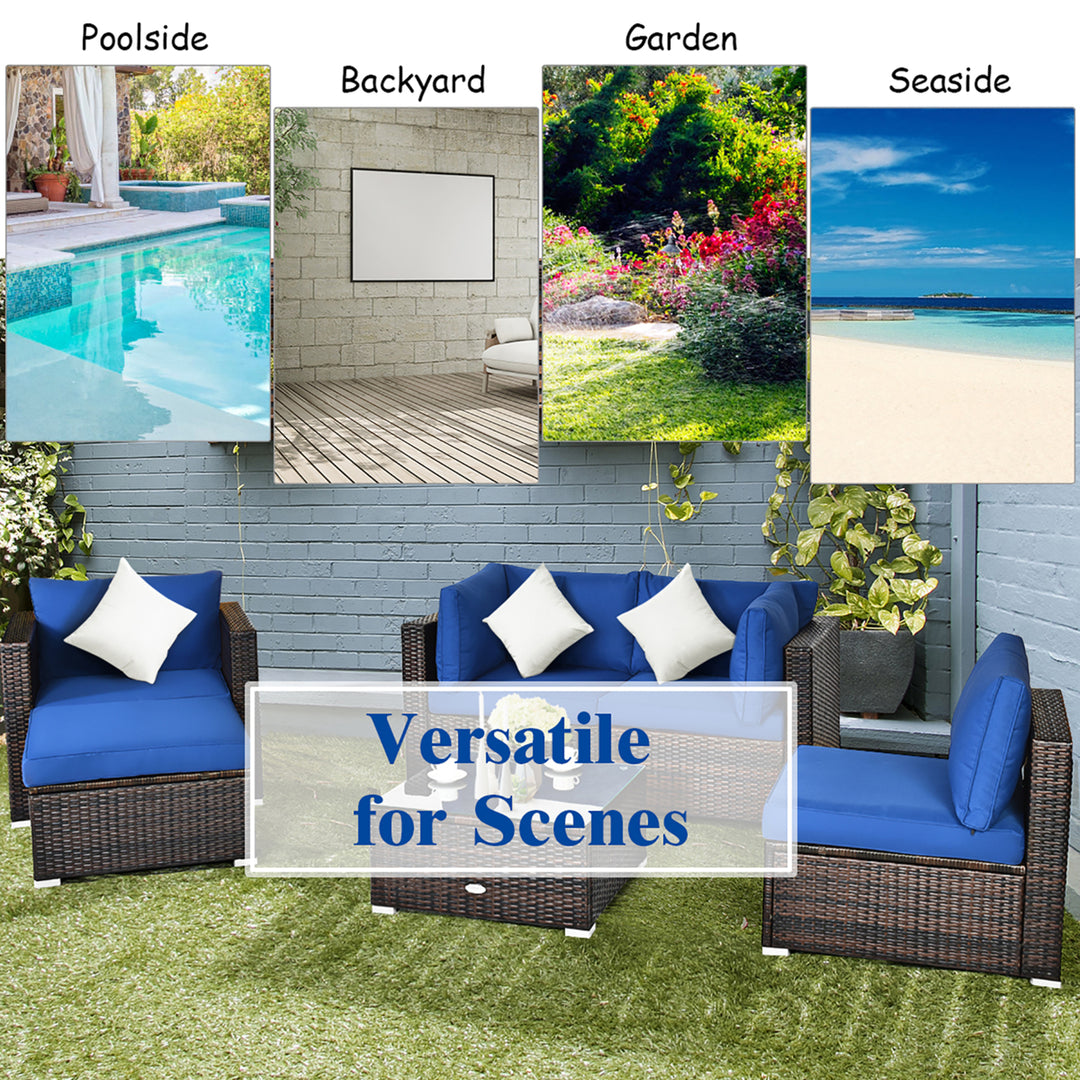 6PCS Patio Rattan Furniture Set Sofa Coffee Table Ottoman Navy Image 6