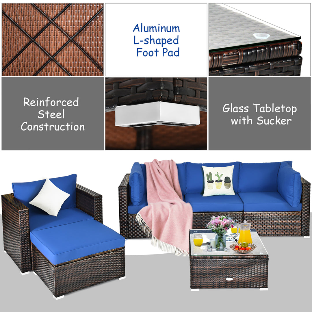 6PCS Patio Rattan Furniture Set Sofa Coffee Table Ottoman Navy Image 8