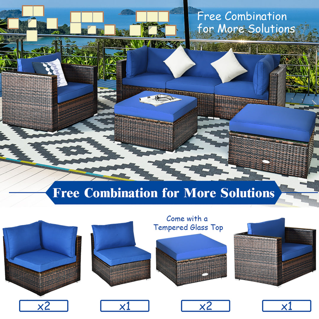 6PCS Patio Rattan Furniture Set Sofa Coffee Table Ottoman Navy Image 10