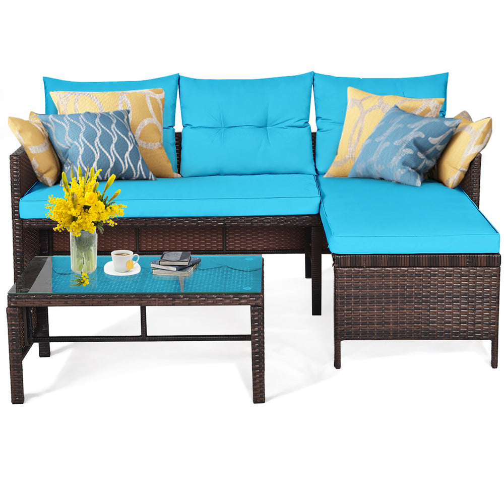 Costway 3PCS Patio Wicker Rattan Sofa Set Outdoor Sectional Conversation Set Turquoise Image 2