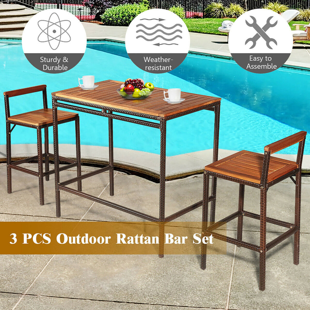 3 PCS Patio Rattan Wicker Bar wood Table Chair Outdoor Image 8