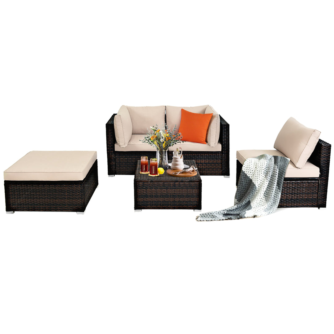 5PCS Patio Rattan Furniture Set Ottoman Table Beige Image 10