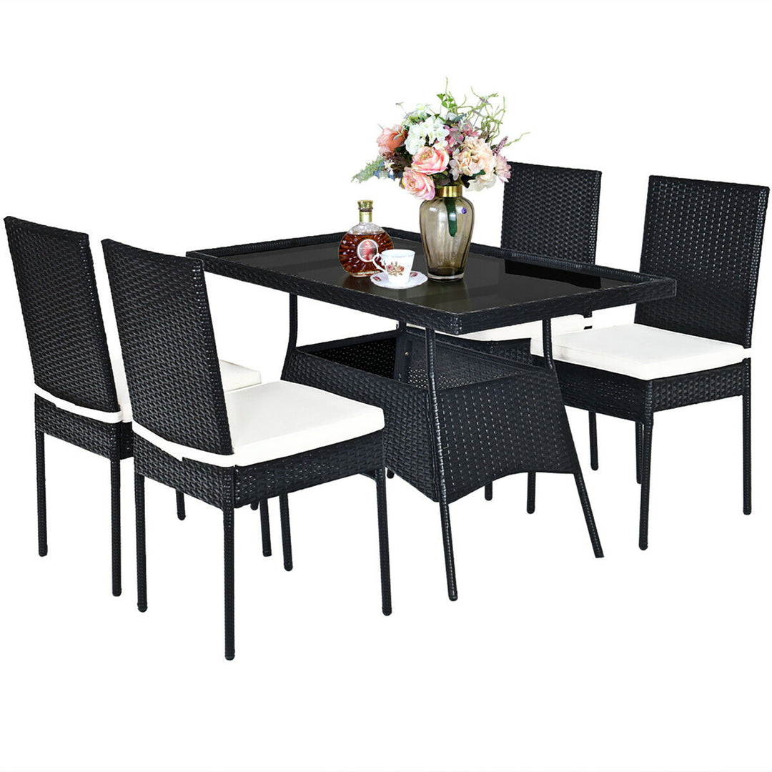 5PCS Patio Rattan Dining Set Cushioned Chair Table w/Glass Top Garden Furniture Image 9