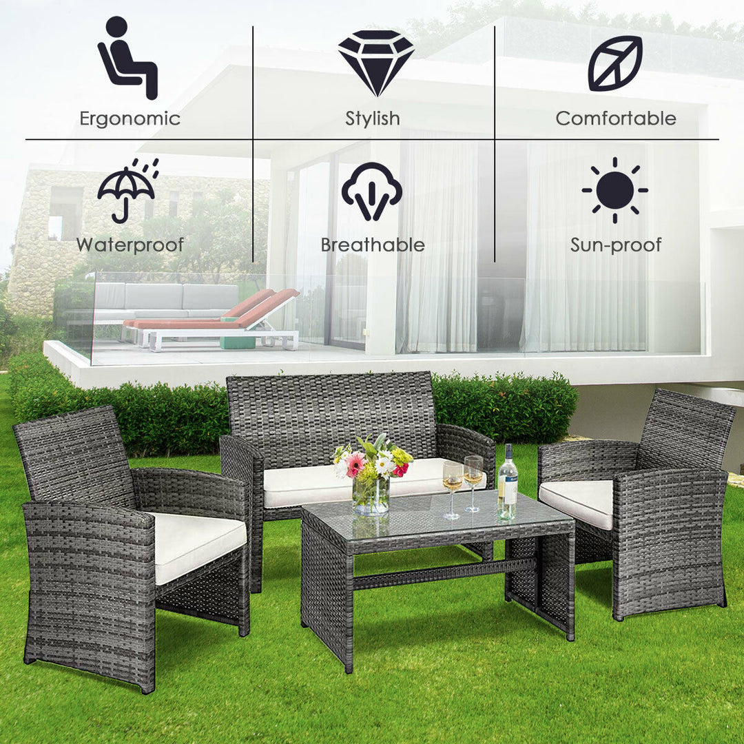 4PCS Rattan Patio Furniture Set Garden Sofa Cushioned Seat Mix Gray Wicker Image 6