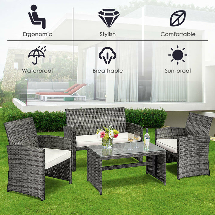 4PCS Rattan Patio Furniture Set Garden Sofa Cushioned Seat Mix Gray Wicker Image 6