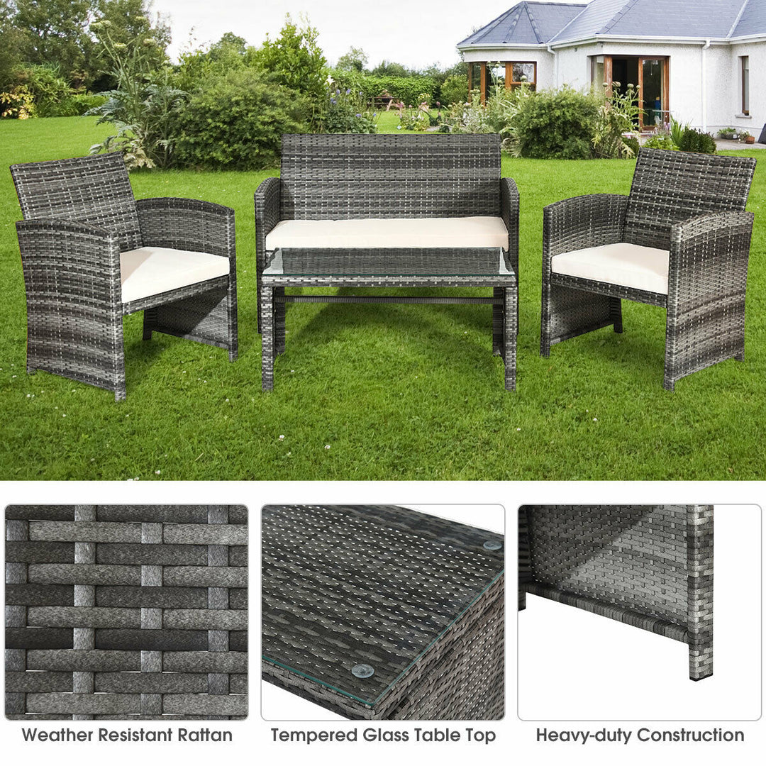 4PCS Rattan Patio Furniture Set Garden Sofa Cushioned Seat Mix Gray Wicker Image 7