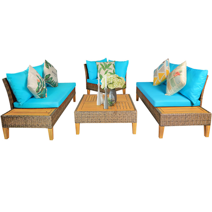 4PCS Patio Rattan Furniture Set Loveseat w/Wooden Side Table Cushioned Turquoise Image 7