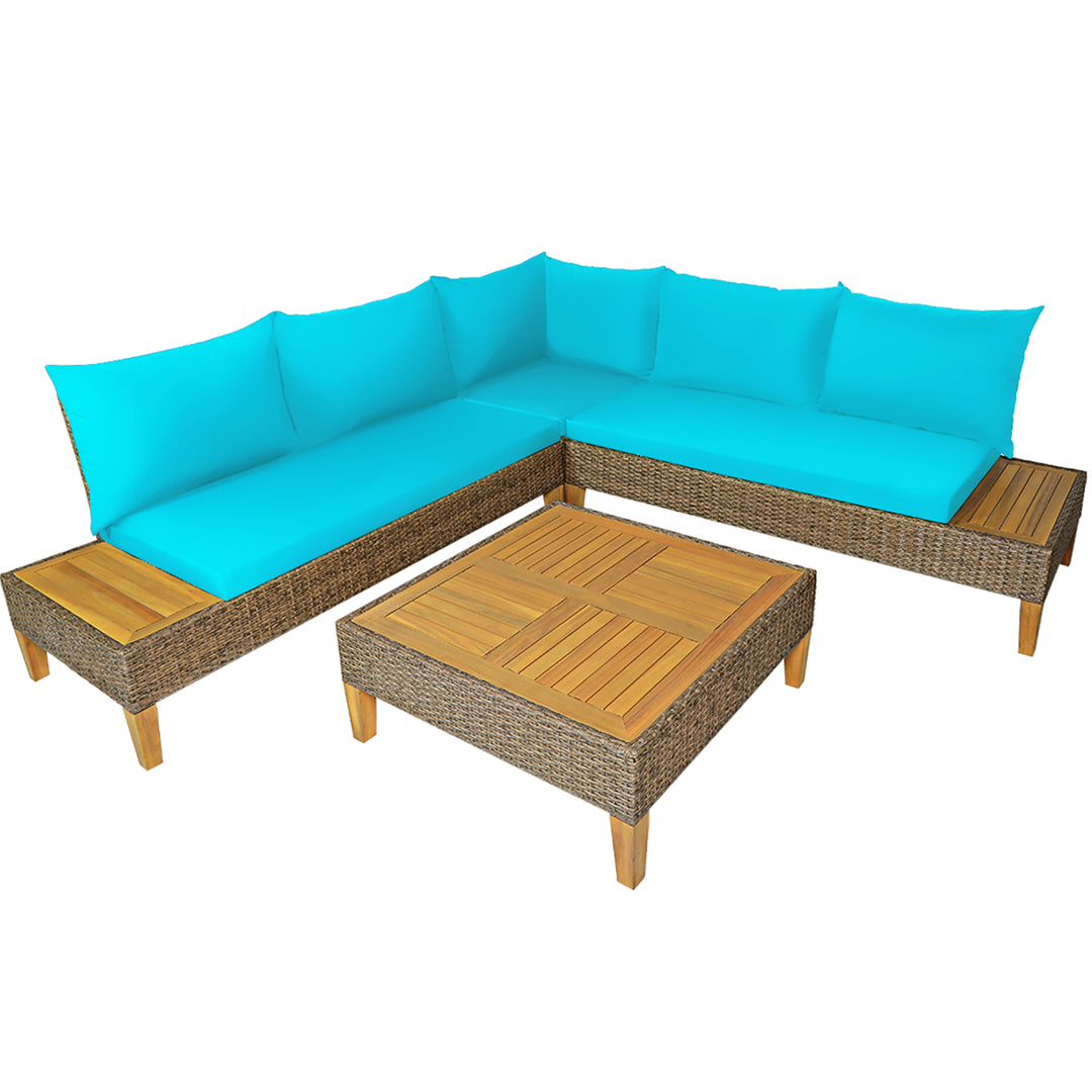 4PCS Patio Rattan Furniture Set Loveseat w/Wooden Side Table Cushioned Turquoise Image 8