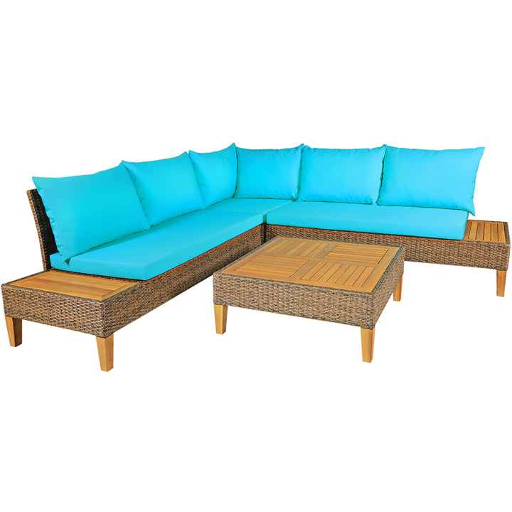 4PCS Patio Rattan Furniture Set Loveseat w/Wooden Side Table Cushioned Turquoise Image 9